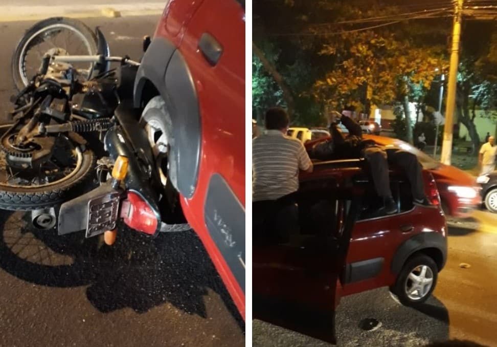 Motociclista vai parar em cima de carro após colisão