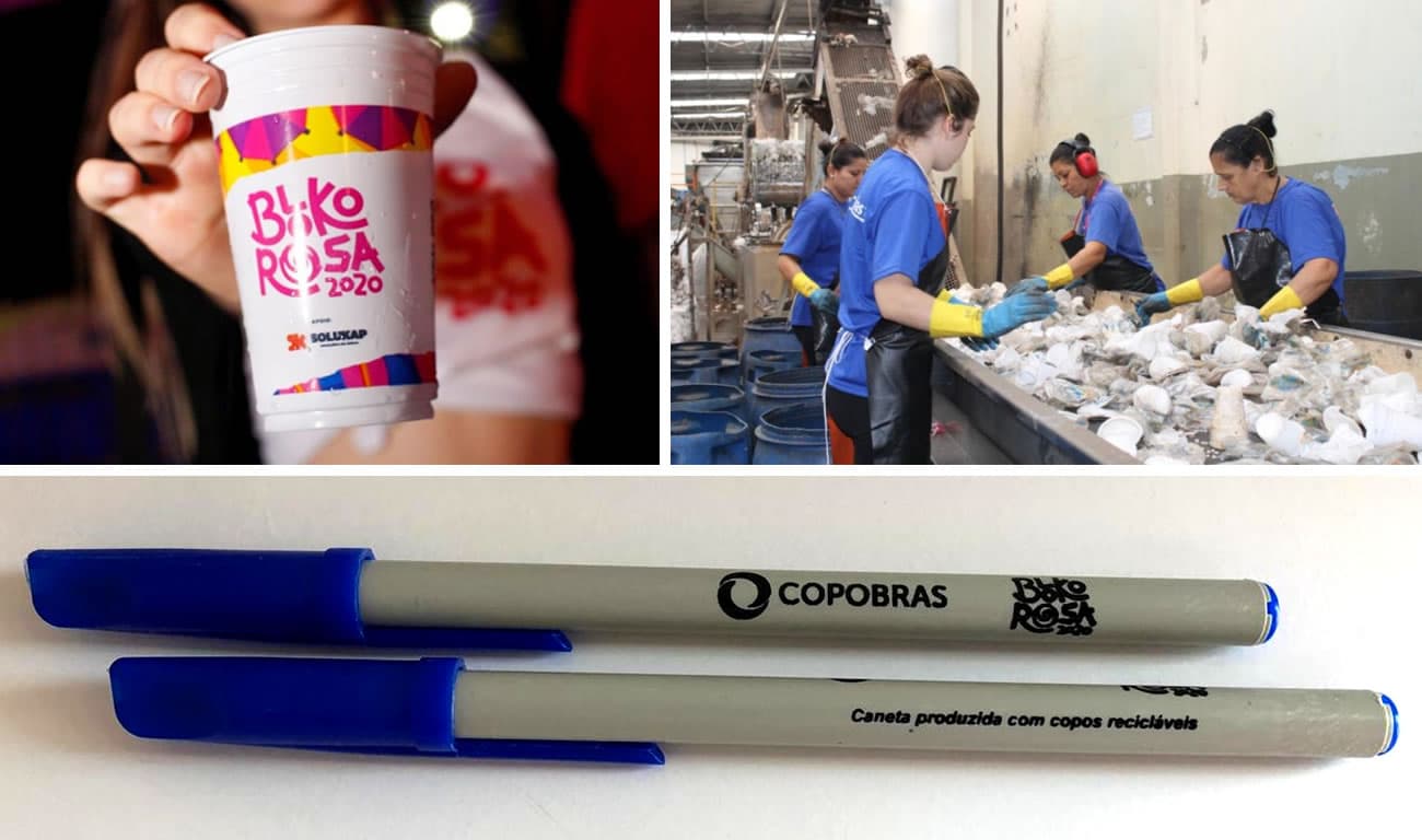 Copos usados no Bloko Rosa são transformados em canetas