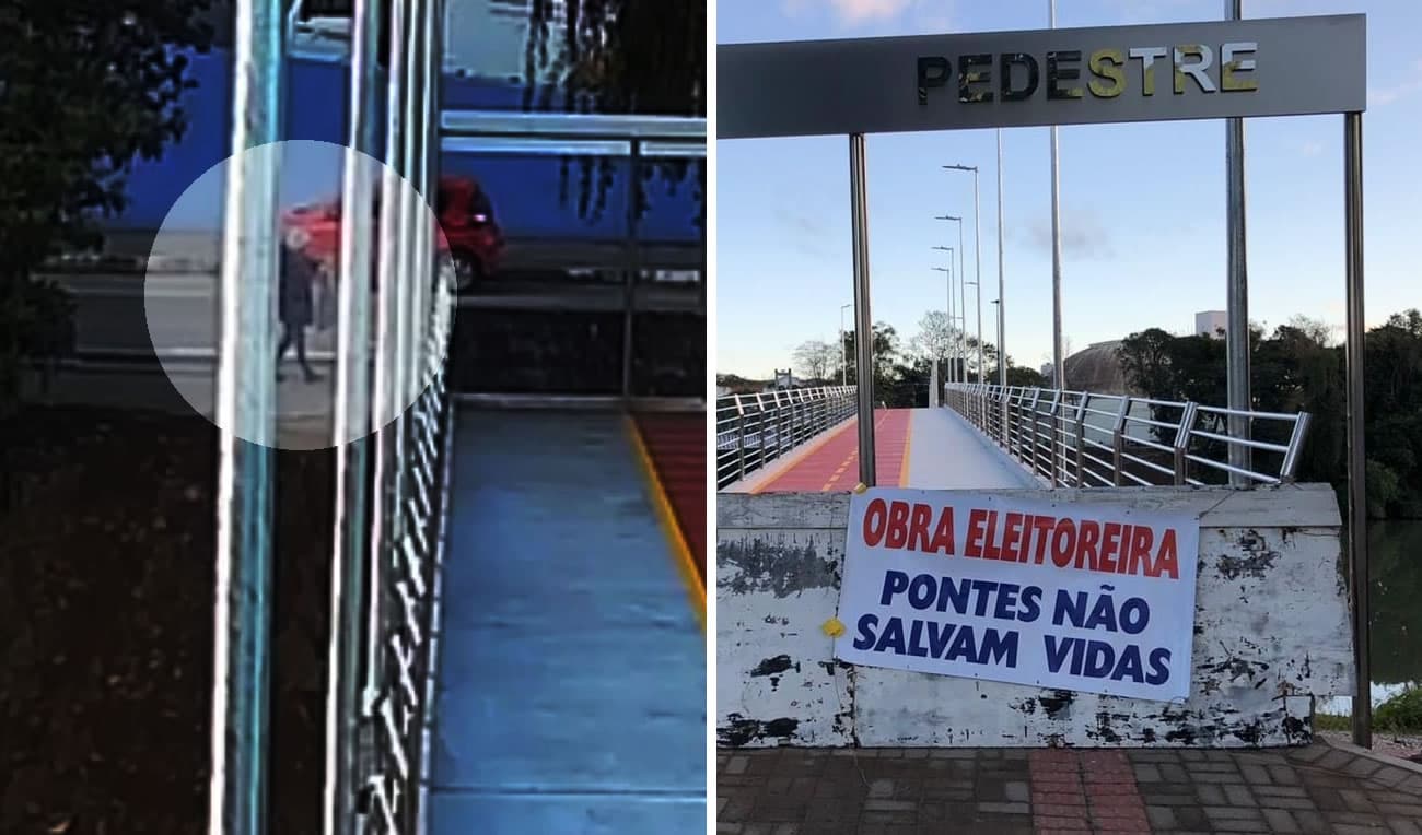 Câmera flagra homem fixando faixa na nova passarela de concreto