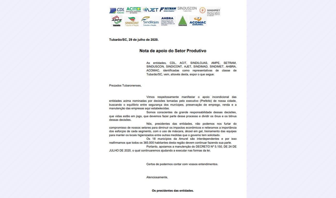 Setor produtivo declara apoio às decisões do município para o combate ao coronavírus