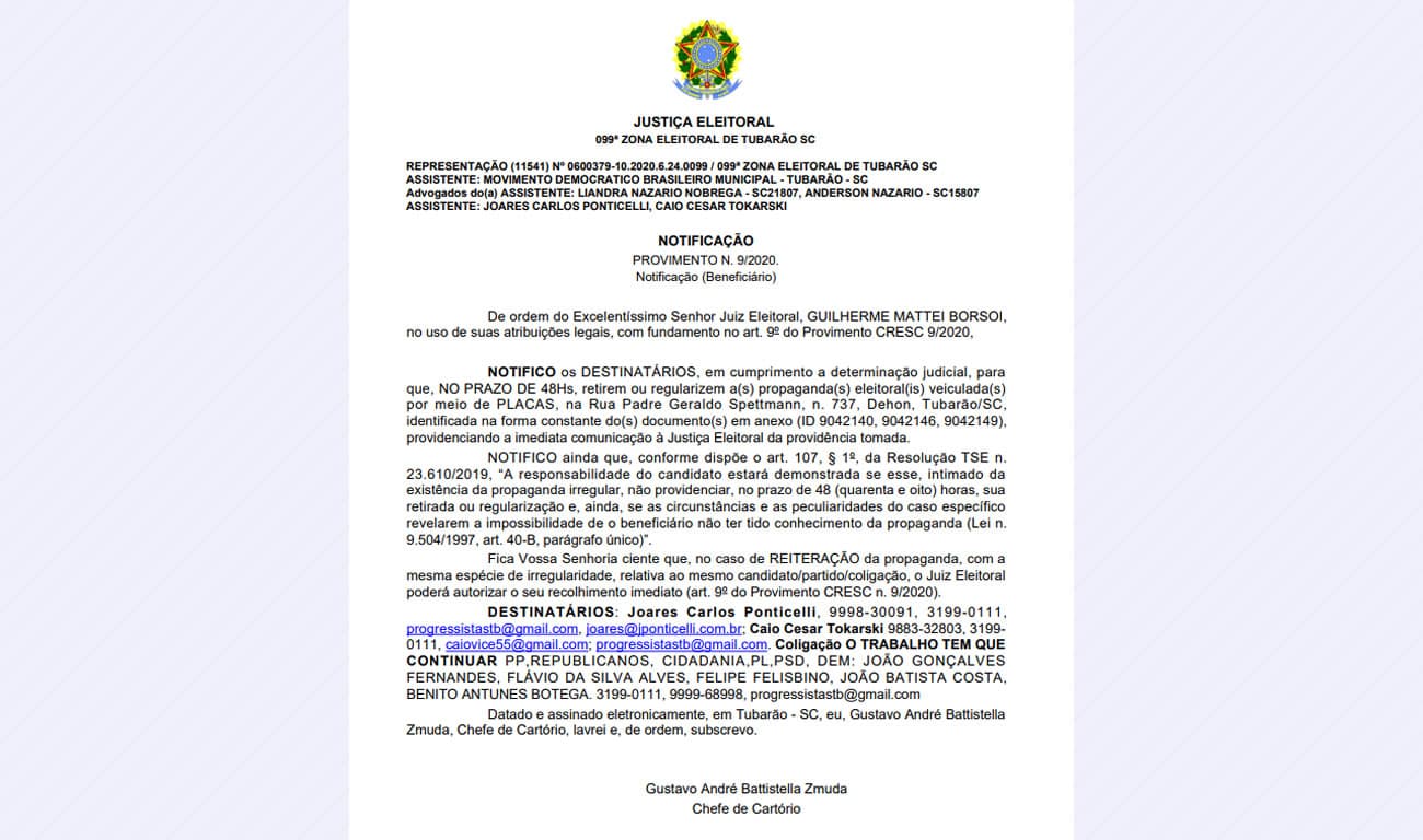Justiça Eleitoral notifica Joares e Caio por placa irregular