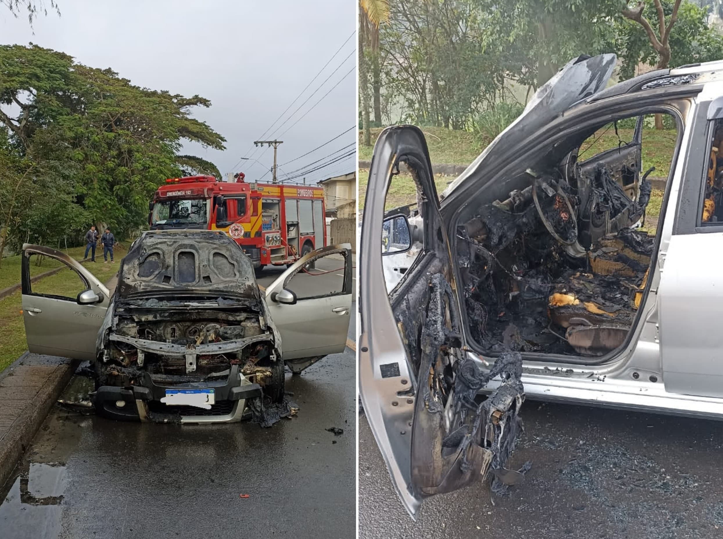 Carro fica destruído após pegar fogo em Tubarão