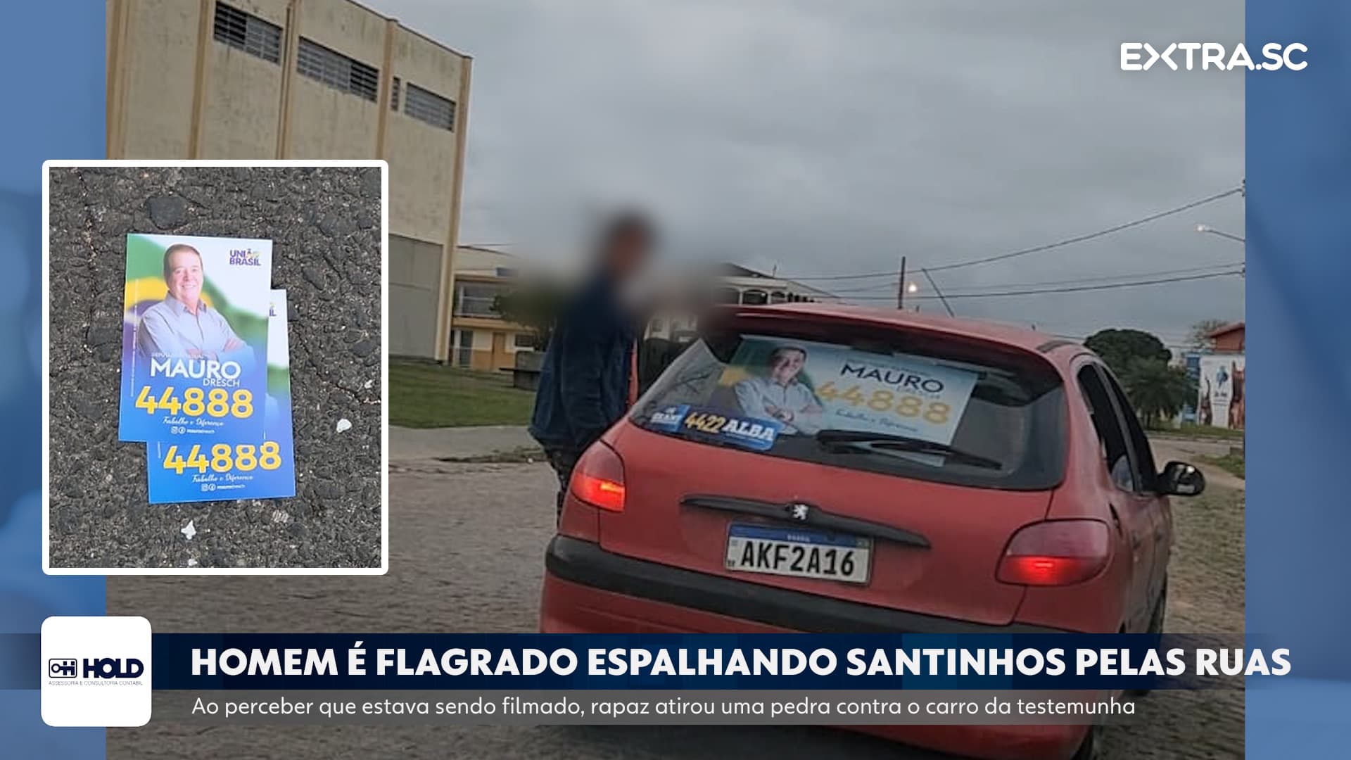 Homem é flagrado espalhando santinhos na rua e atira pedra em carro de denunciante