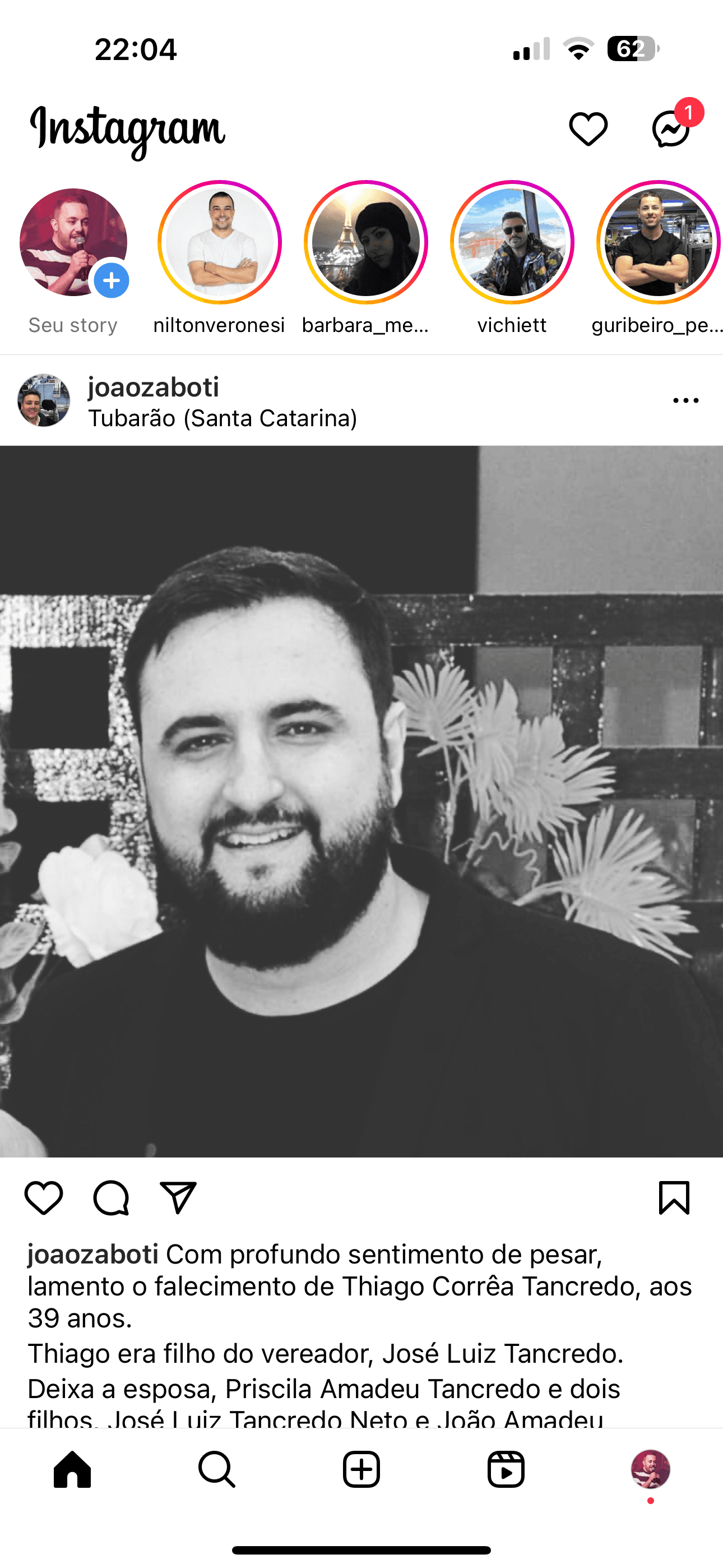 Morre Thiago Tancredo, filho do vereador José Luiz Tancredo