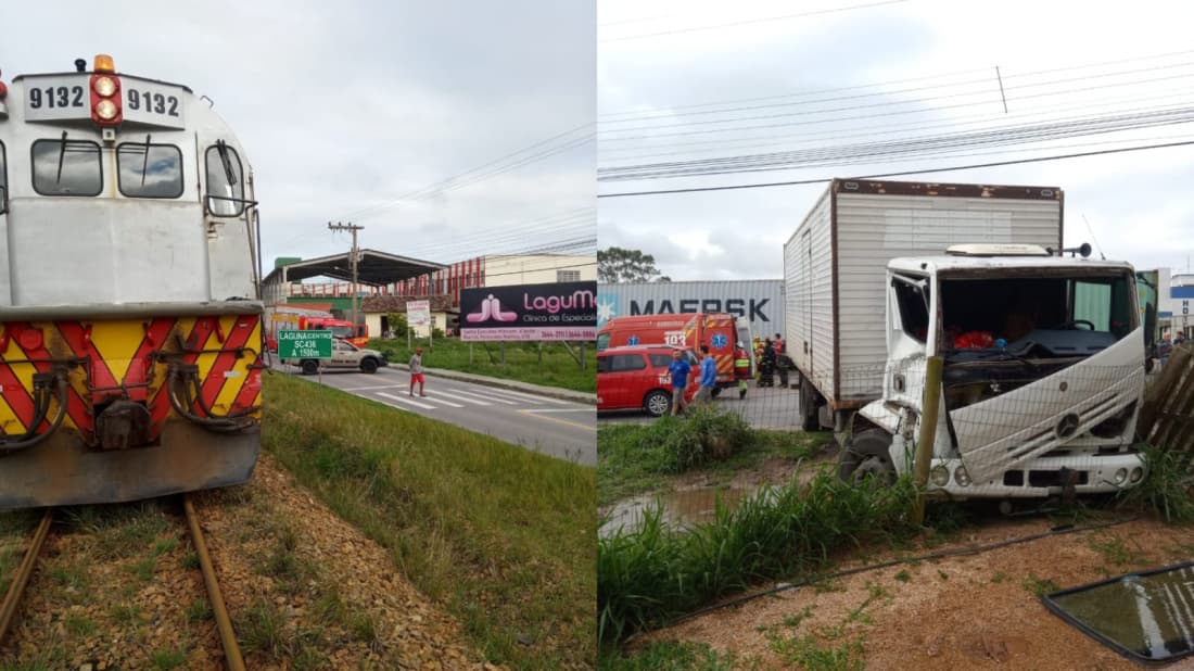 Caminhão colide com trem em Laguna