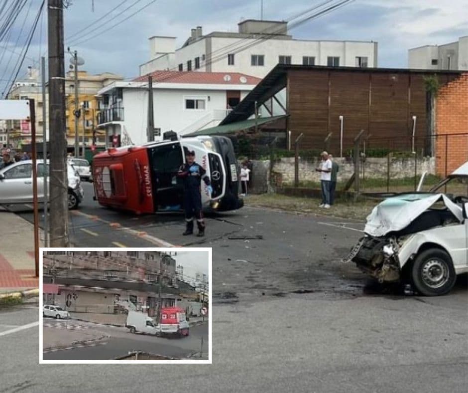 Ambulância capota após ser atingida por carro em cruzamento de Tubarão