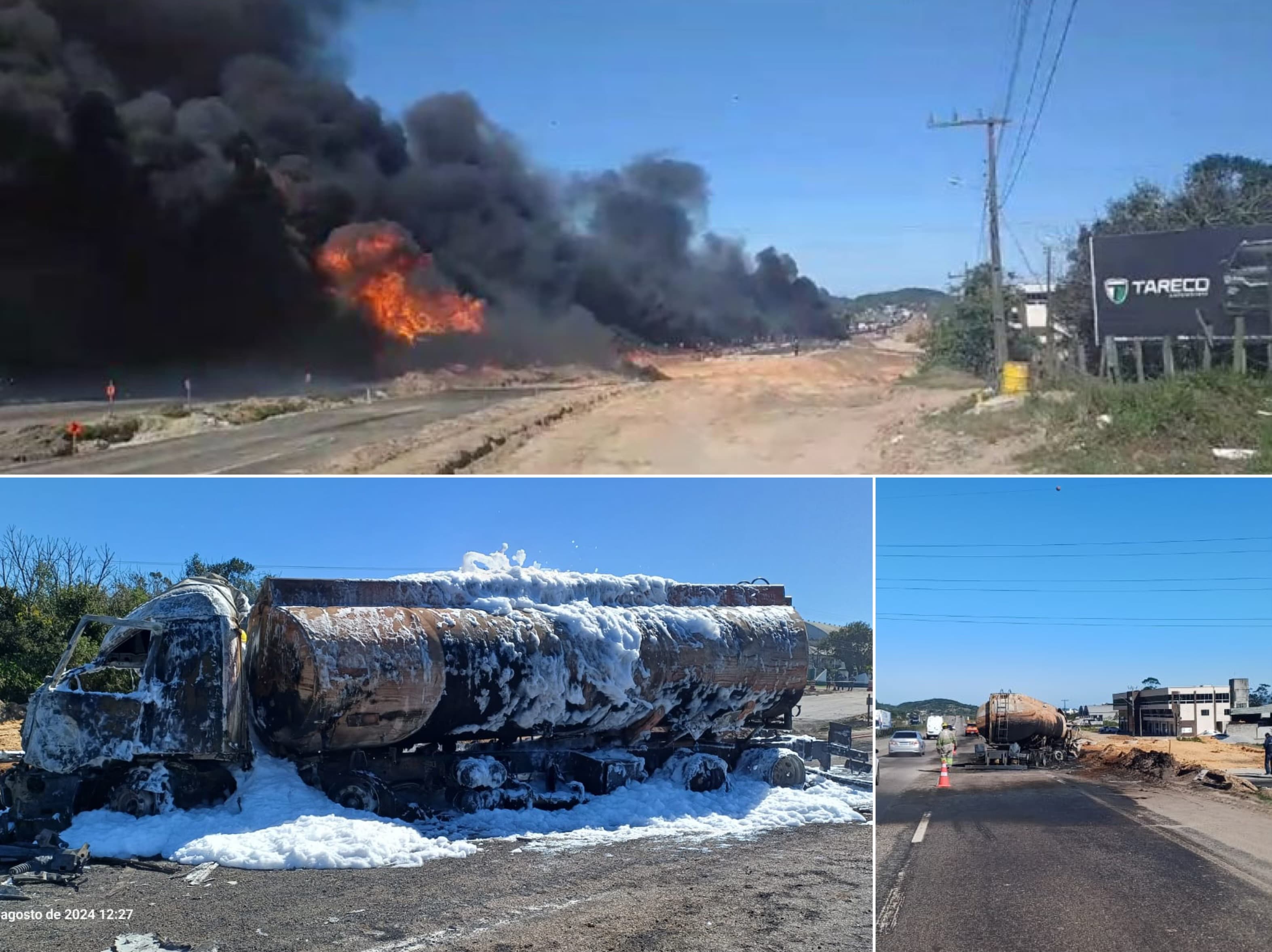 Caminhão-tanque pega fogo na BR-101 e rodovia é interditada por questão de segurança