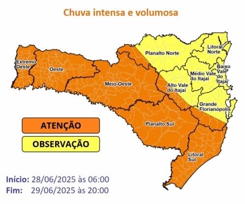 Chuva intensa pode ultrapassar os 150mm no Extremo Sul de SC neste fim de semana