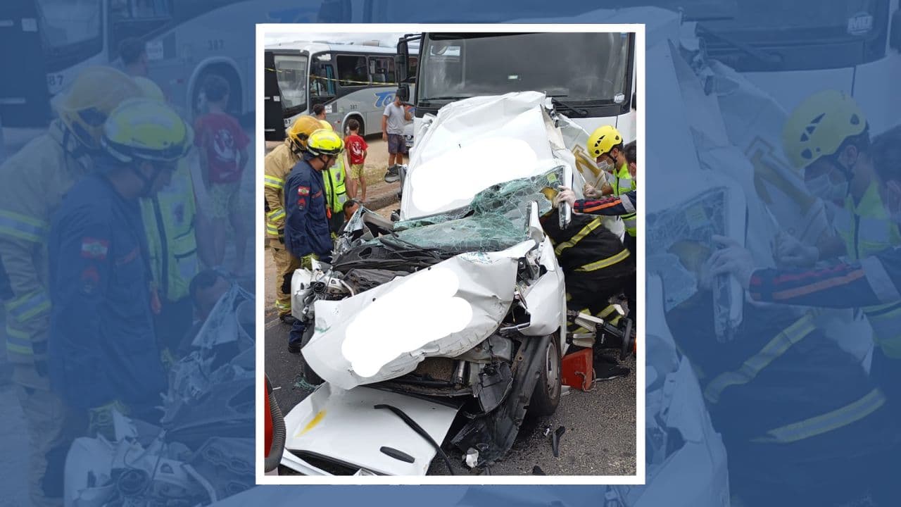 Engavetamento entre caminhão e utilitário deixa vítima presa nas ferragens por mais de uma hora