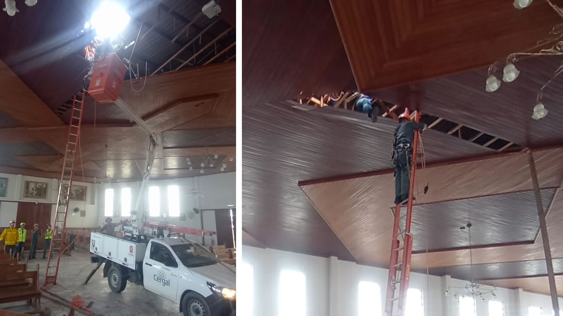 Homem fica pendurado a 10 metros de altura após telhado de igreja ceder