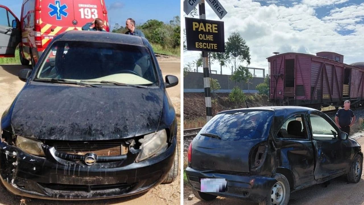 Carro tem pane sobre trilhos e é atingido por locomotiva