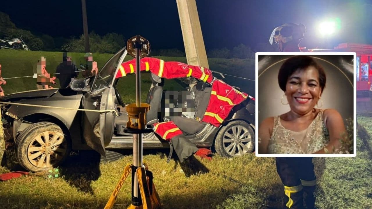 Mulher morre e duas ficam feridas após carro cair de barranco e bater em poste