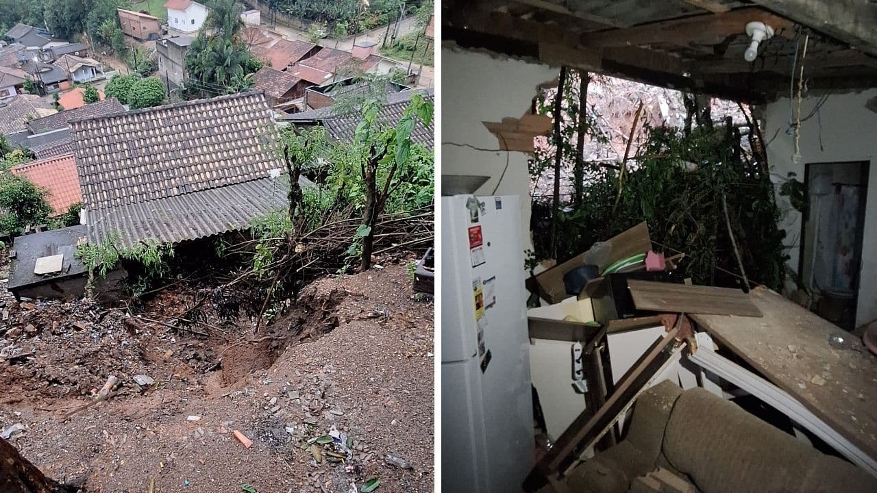 Deslizamento invade casa, derruba parede e e enche cozinha de barro com barro