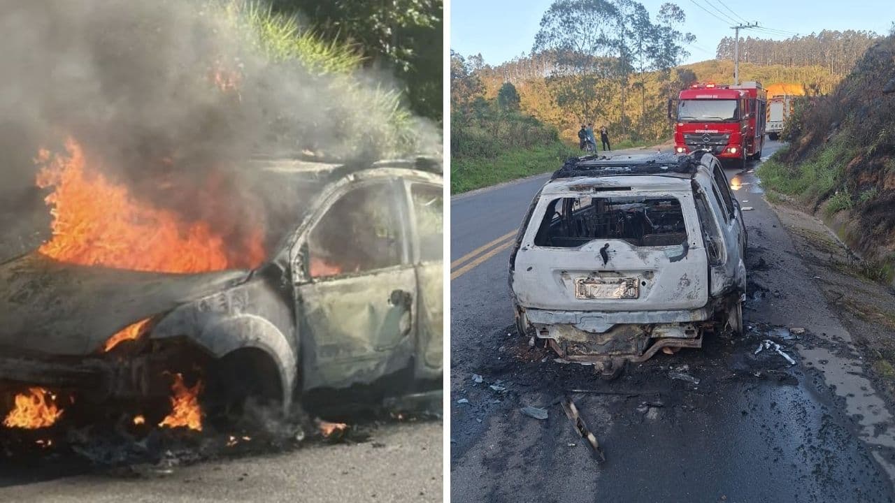 Mãe salva três filhos antes de carro ser completamente destruído por incêndio