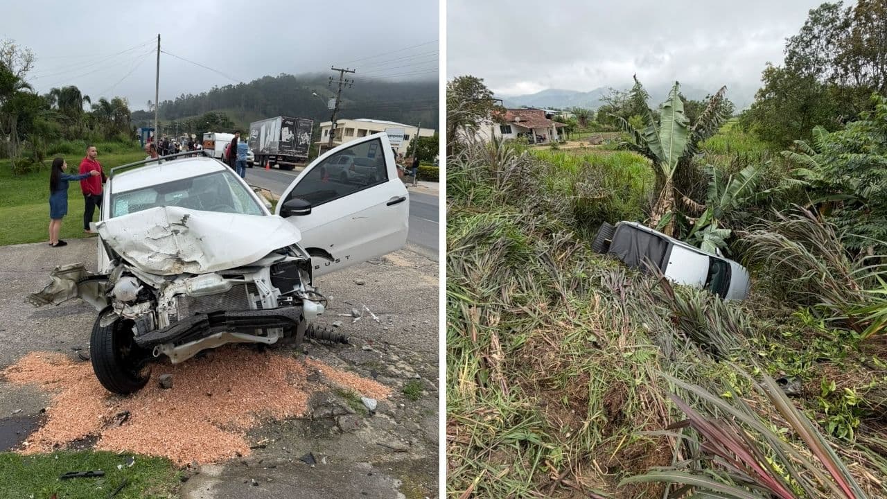 Acidente entre duas Saveiros derruba poste e deixa três feridos na SC-370