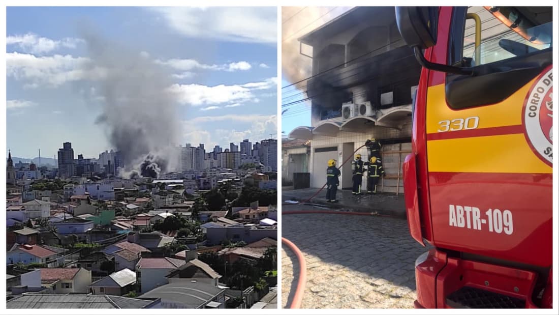 Bombeiros combatem incêndio em empresa de produtos gráficos, em Tubarão