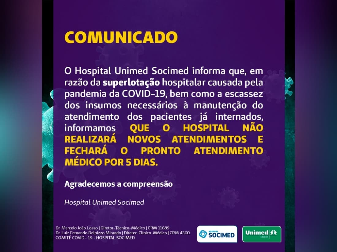 Hospital Socimed comunica que não atenderá novos pacientes por causa da superlotação